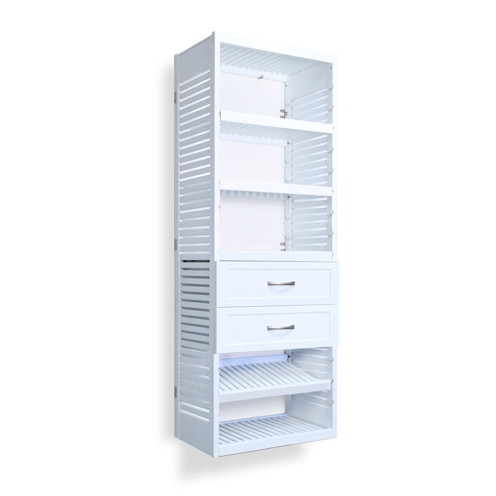 Woodcrest White 16in Tower with Shelves and 2 Drawers