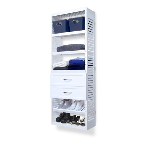 Woodcrest White 12in Tower with Shelves and 2 Drawers
