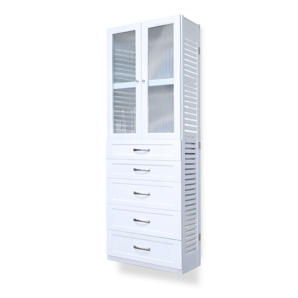 Woodcrest White 12in Tower with 5 Drawers and Doors