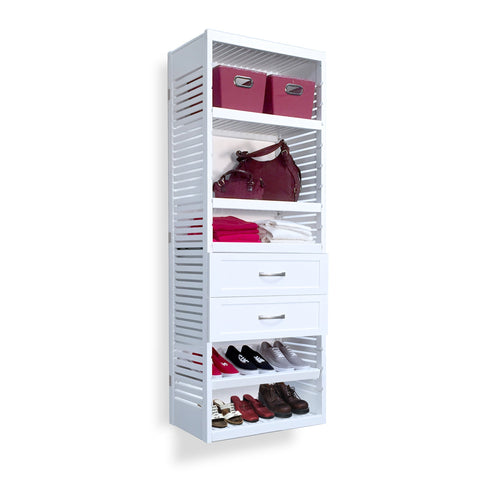 Woodcrest White 16in Tower with Shelves and 2 Drawers