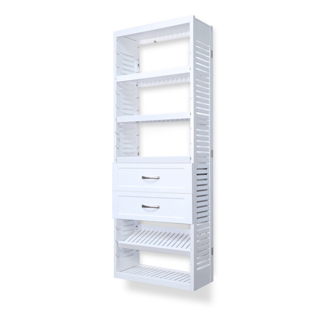 Woodcrest White 12in Tower with Shelves and 2 Drawers