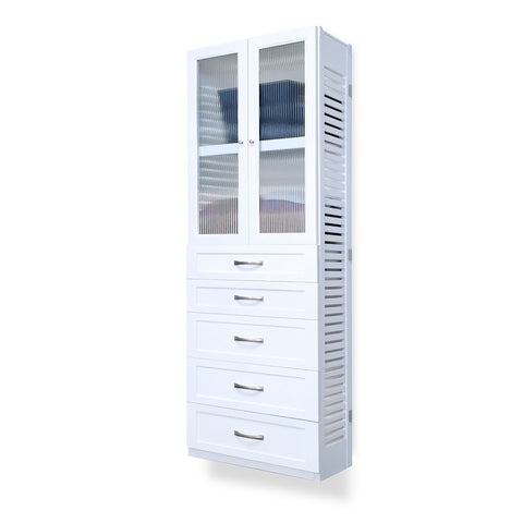 Woodcrest White 12in Tower with 5 Drawers and Doors