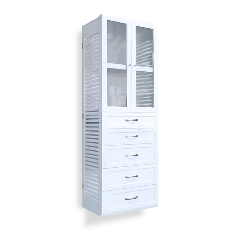 Woodcrest White 16in Tower with 5 Drawers and Doors