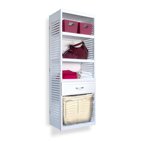 Woodcrest White 16in Tower with Drawer and Laundry